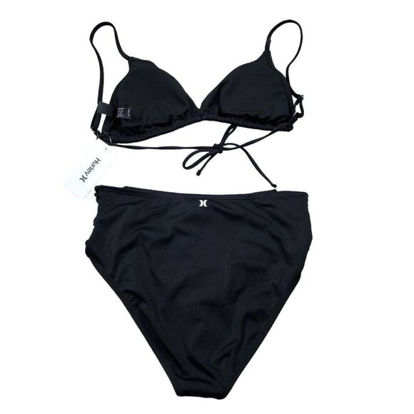 Hurley Ribbed Black 2 Piece Swimsuit Bikini Set Size XL Rib Triangle New - Picture 2 of 8